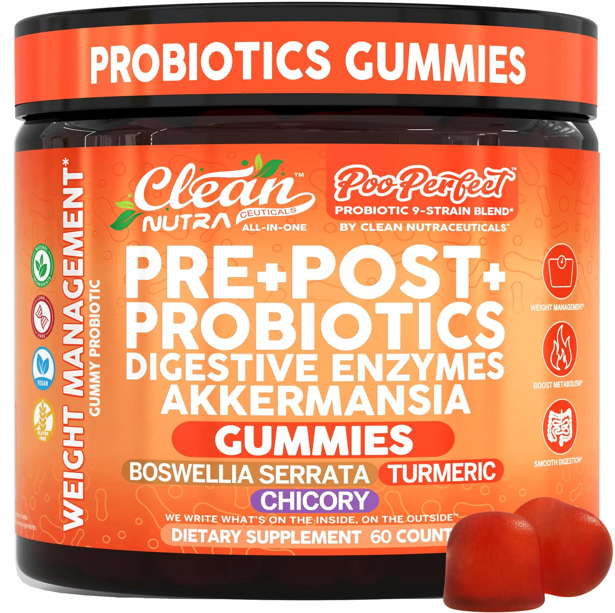 Clean Nutra Prebiotic Postbiotic Digestive Enzymes Gummies with Chicory Root, Boswellia Serrata, Turmeric, and Akkermansia | Pre+Post Probiotics Supplement Clean Nutraceuticals