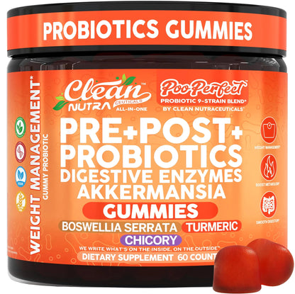 Clean Nutra Prebiotic Postbiotic Digestive Enzymes Gummies with Chicory Root, Boswellia Serrata, Turmeric, and Akkermansia | Pre+Post Probiotics Supplement Clean Nutraceuticals