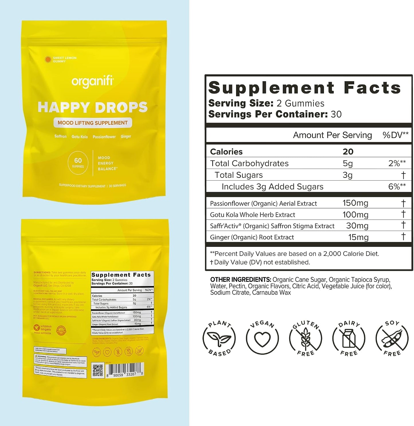 Organifi Happy Drops - Daily Superfood Happy Gummies for Adults - Mood Support Supplement for Balance, Bliss, Energy and Taking the Edge Off - Sweet Lemon Flavor - 60 Gummies Gsupps Australia