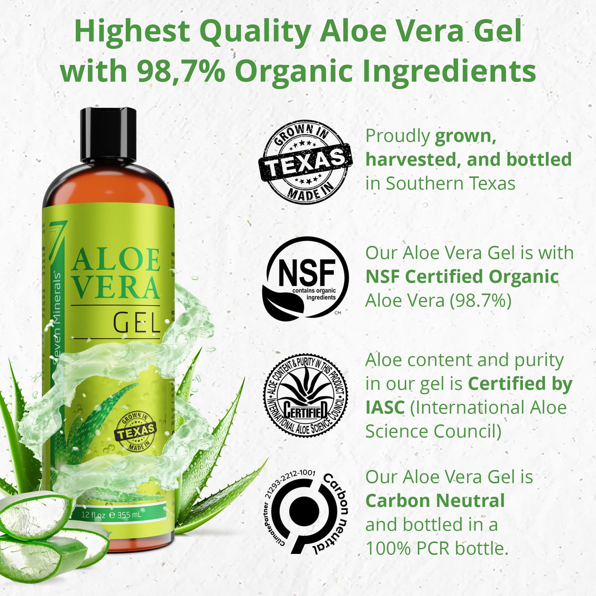 Seven Minerals Aloe Vera Gel with Freshly Cut Pure Organic Aloe - Big 12oz - Texas Grown, HighestQuality, Vegan, Unscented, Non-Sticky - After Sun, Skin & Face Moisturizer, Hair Mask Seven Minerals