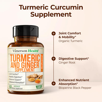 Turmeric and Ginger Supplement with Black Pepper for Joint Support, Digestive & Gut Health - Contains Organic Turmeric with Ginger Root Supplement Vimerson Health