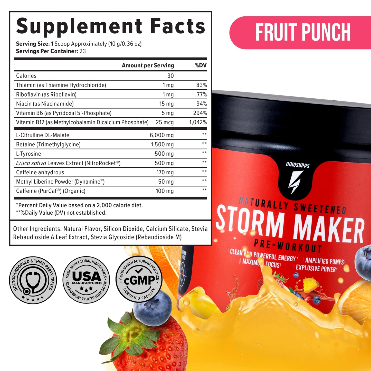 InnoSupps Storm Maker Pre Workout - Long Lasting Energy, Organic Caffeine, Green Tea Extract, L-Citruline, No Artificial Sweeteners (Pink Lemon Rush)