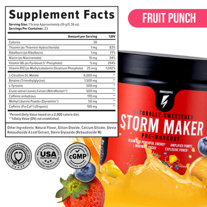 InnoSupps Storm Maker Pre Workout - Long Lasting Energy, Organic Caffeine, Green Tea Extract, L-Citruline, No Artificial Sweeteners (Pink Lemon Rush)