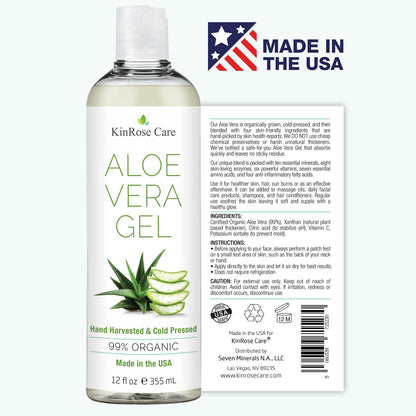 KinRose Care, 12oz Organic Aloe Vera Gel for Face, Skin, Hair & Sunburn Relief - From 100 Percent Pure Aloe Vera KinRose Care