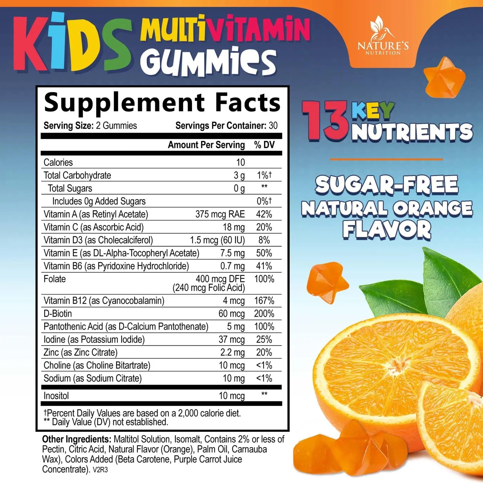 Kids Multivitamin Gummies - Improved Sugar-Free Formula - 100% Daily Folate, Kids Vitamins with Essential Vitamins A, C, D3, E, B6, B12 Nature's Nutrition buy australia supplements