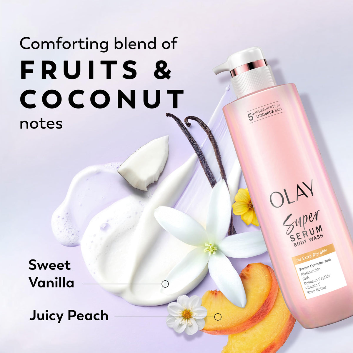 Olay Super Serum Body Wash for Extra Dry Skin, 24hr Long Lasting Rich Hydration, 5+ Ingredient Complex for Bright, Even, Firm, & Luminous Skin, with Collagen Peptide, Vitamin C & Shea Butter, 20 fl oz Olay
