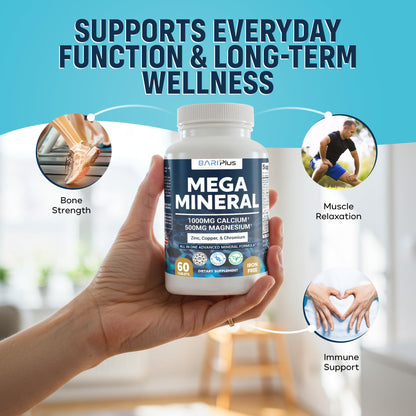 Mega Mineral – Complete Complex with Vitamin D, Calcium, Magnesium, Zinc, Potassium, Boron, Selenium, Chromium & Trace Minerals – Iron-Free – USA Made – 60 Tablets BARIPLUS