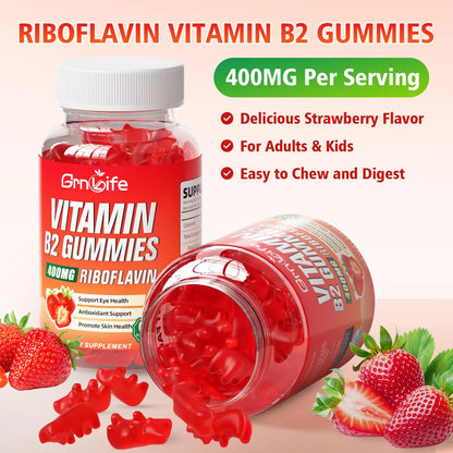 GrnLife 2 Pack Vitamin B2 Gummies, Riboflavin 400mg with Magnesium for Kids & Adults, Migraine Relief & Energy Support GrnLife