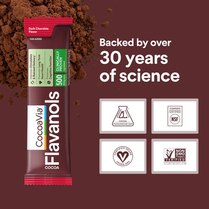CocoaVia Cocoa Flavanols 500mg, High Flavanol Cocoa Powder, Support Heart and Brain Health, Boosts Nitric Oxide, Circulation, Preworkout, Travel-Friendly, Vegan, Dark Chocolate, 15 Single Serve Sticks CocoaVia