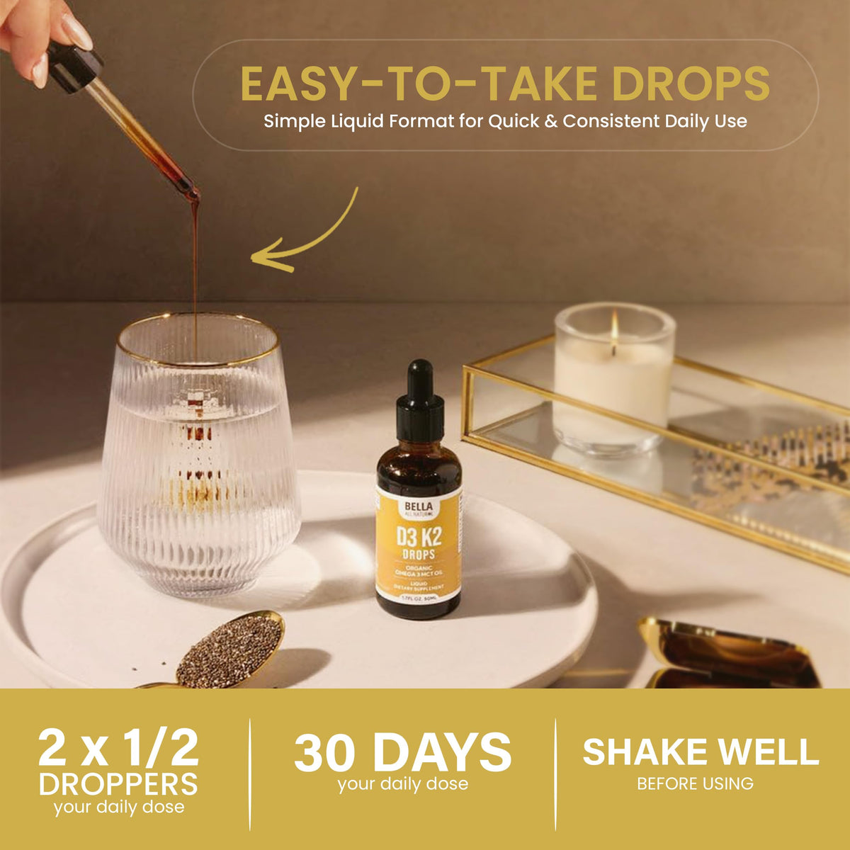 Bella All Natural Vitamin D3 K2 Liquid Drops 5000 IU (Unflavored) - Omega 3 with MCT Oil - Bella All Natural