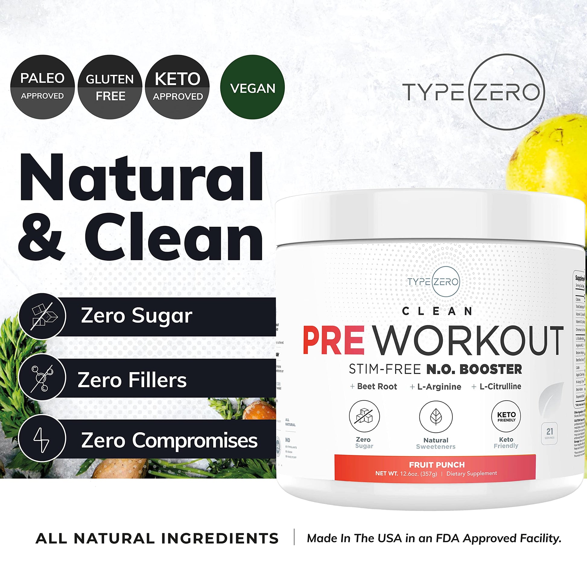 Ultra Clean Stim Free Pump Pre Workout + Nitric Oxide Booster (Fruit Punch) Beetroot, 7G Arginine Citrulline Malate, Betaine, Beta A, ACV+ - Sugar/Caffeine Free Natural Non Stim Preworkout Men & Women Type Zero buy australia supplements