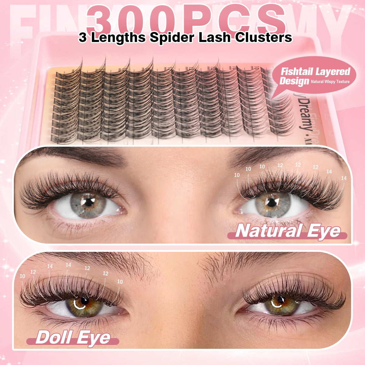 Natural Lash Clusters Kit 10-14MM Lashes Short Eyelash Clusters DIY Wispy Lash Extension Kit C Curl Individual Lashes Cluster Eyelash Extensions with Lash Glue Bond Seal Tweezers(300PCS) FinyDreamy