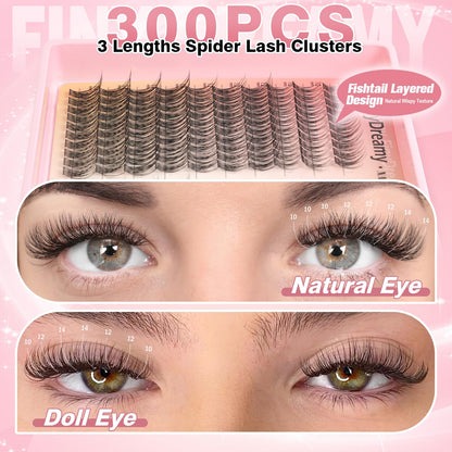 Natural Lash Clusters Kit 10-14MM Lashes Short Eyelash Clusters DIY Wispy Lash Extension Kit C Curl Individual Lashes Cluster Eyelash Extensions with Lash Glue Bond Seal Tweezers(300PCS) FinyDreamy