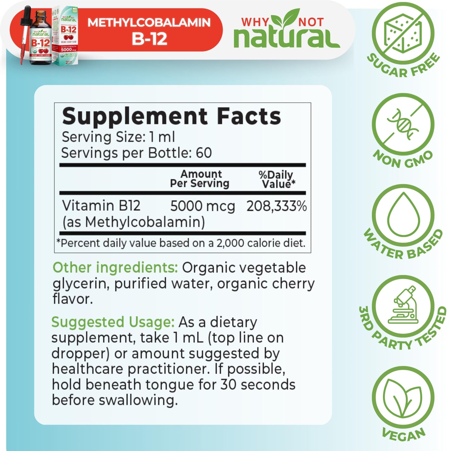 Why Not Natural Organic Vitamin B12 Liquid - Sublingual Extra Strength 60 x 5000 mcg Methylcobalamin Drops, Vegan, Why Not Natural