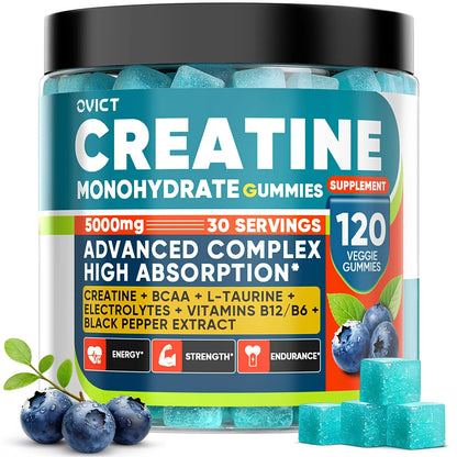 99.99% Creatine Monohydrate Gummies for Men Women 5g, 7-in-1 Pre-Workout Complex with BCAA, Taurine, B12/6 & Electrolytes, 6X Boost Energy, Muscle Strength & Recovery OVICT
