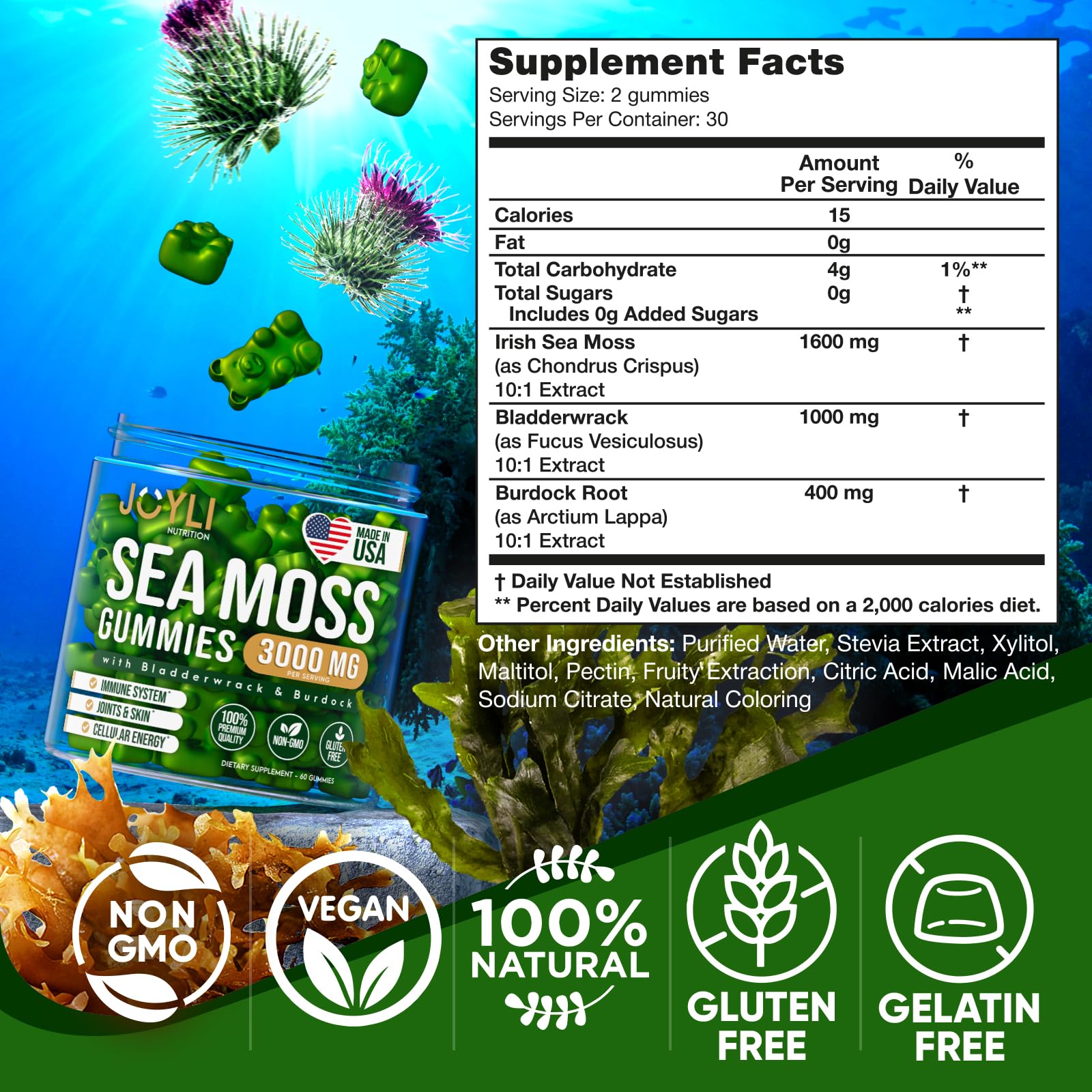 Sea Moss Gummies - Irish Seamoss Gummies for Adults & Kids - Advanced Superfood Supplement with Natural Sea Moss Gel, Bladderwrack & Burdock Root Extract - 60 Vegan Irish Moss Gummy Bears JOYLI Nutrition buy australia supplements