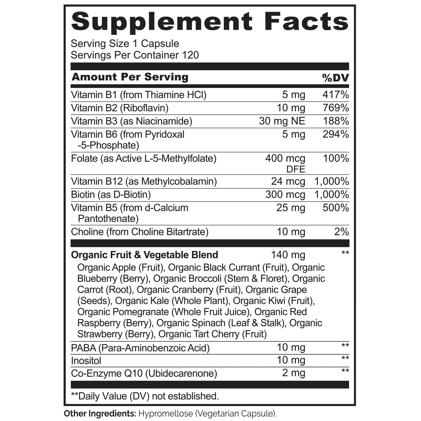 NATURELO Vitamin B Complex,120 Capsules, Vegan, CoQ10, Methyl Folate, Biotin, Fruit & Veg Blend, Supports Energy and Healthy Stress Response NATURELO