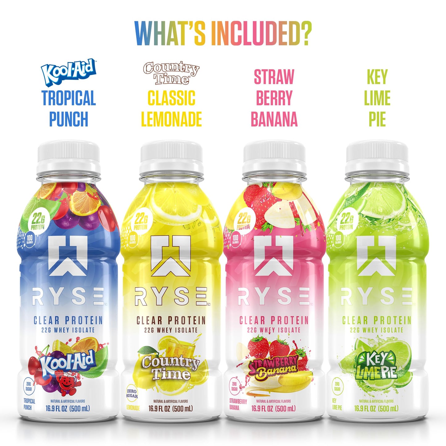 RYSE Clear Protein Drink - Variety Pack - 100 Calories, 22g Whey Isolate Protein Shake, Sugar-Free, 0g Fat & Lactose-Free - Refreshing Ready-to-Drink Beverage - 16.9 fl oz Bottles (12-Pack)