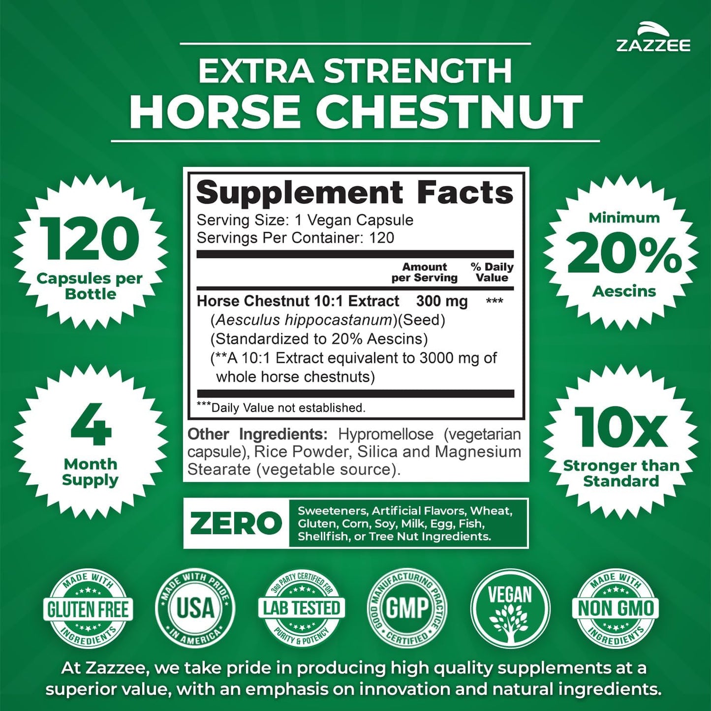 Zazzee Extra Strength Horse Chestnut 10:1 Extract, 20% Aescins, Vegan | 120 Capsules, 4 Month Supply, Aesculus Hippocastanum, Healthy Circulation & Blood Flow Support, Non-GMO, Made in the USA Gsupps Australia