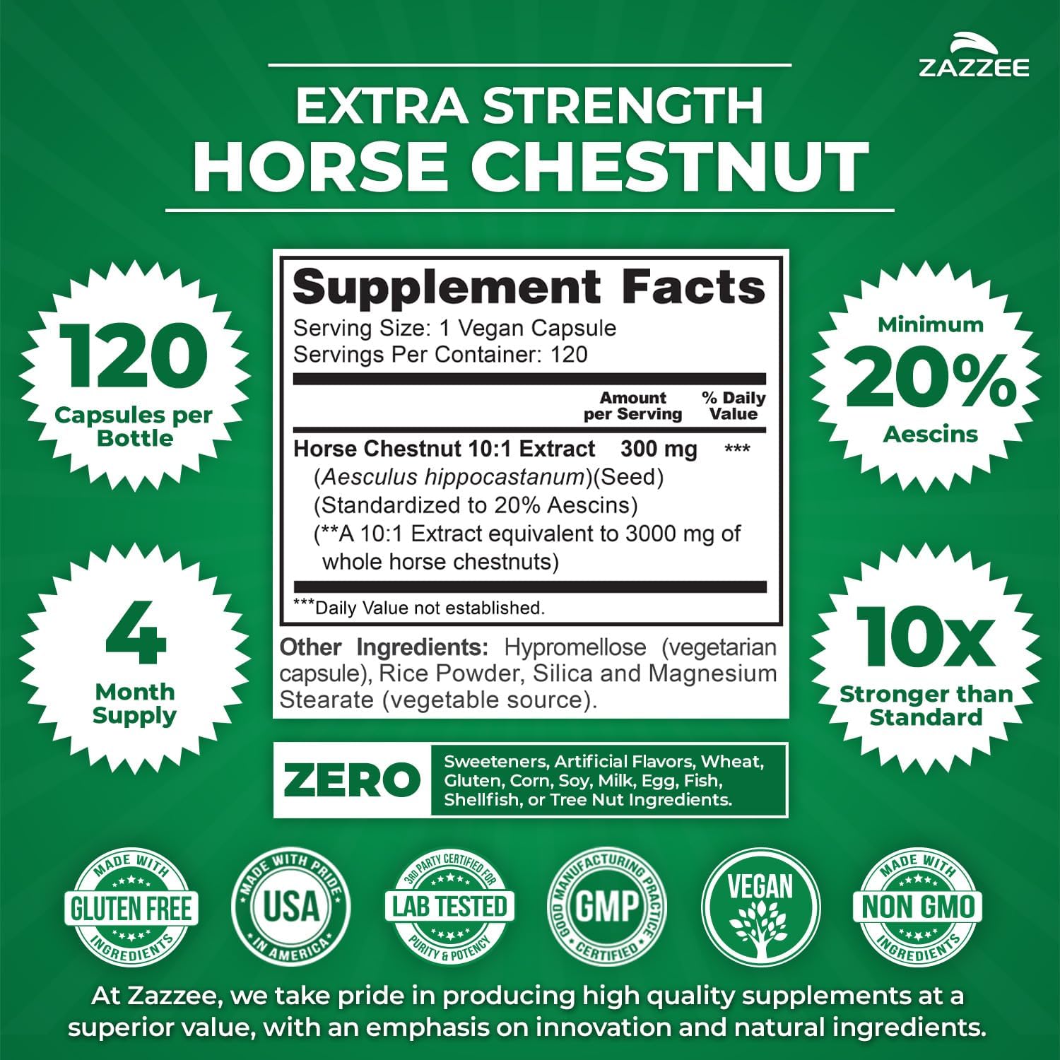 Zazzee Extra Strength Horse Chestnut 10:1 Extract, 20% Aescins, Vegan | 120 Capsules, 4 Month Supply, Aesculus Hippocastanum, Healthy Circulation & Blood Flow Support, Non-GMO, Made in the USA Gsupps Australia