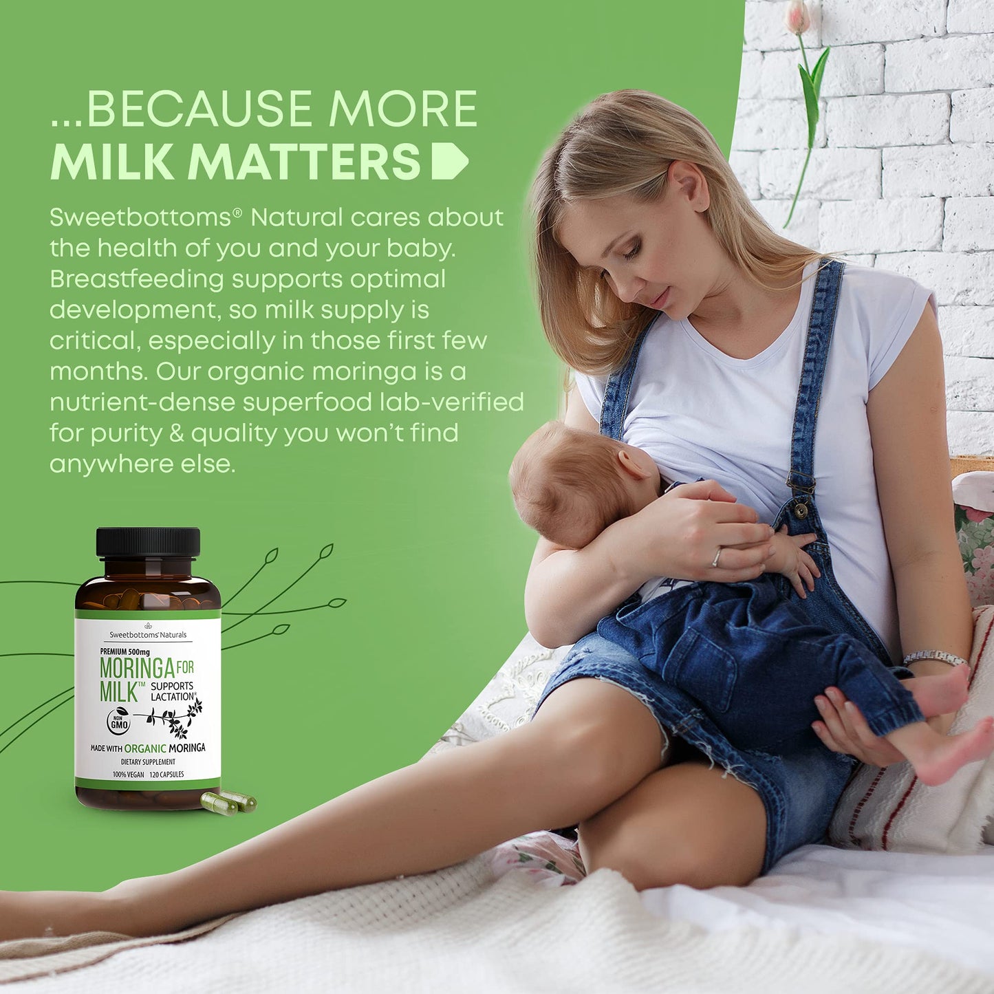 Lactation Supplement - Organic Moringa Capsules for Breastfeeding Support to Increase Breastmilk Supply (120 ct) Pure Malunggay Leaf Powder for Milk Production Booster Sweetbottoms
