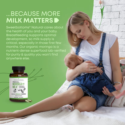 Lactation Supplement - Organic Moringa Capsules for Breastfeeding Support to Increase Breastmilk Supply (120 ct) Pure Malunggay Leaf Powder for Milk Production Booster Sweetbottoms