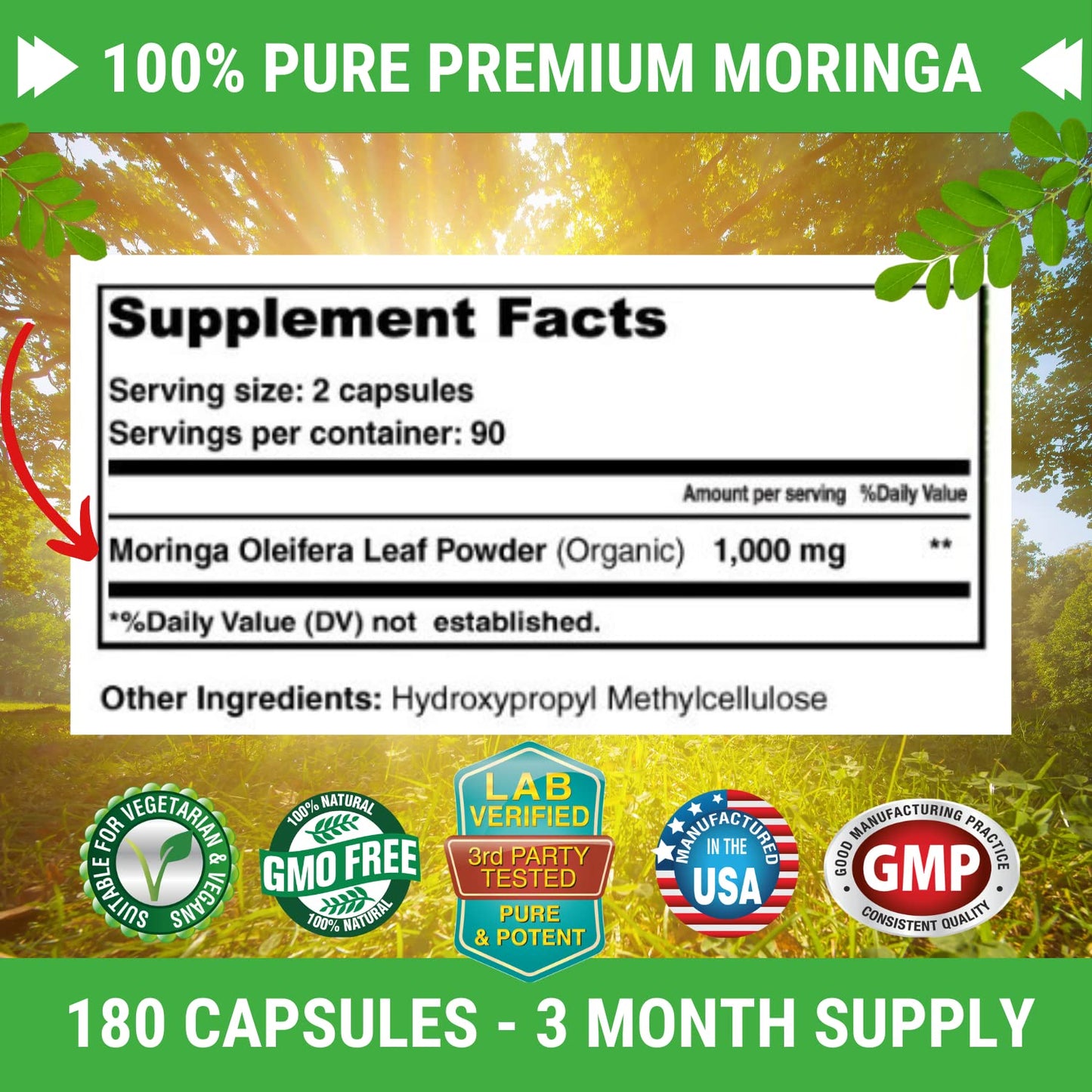 FRESH HEALTHCARE Moringa Capsules – 100% Pure Leaf Powder - 180 Pills, Non-GMO - 3 Month Supply - Complete Green Superfood for Energy FRESH HEALTHCARE