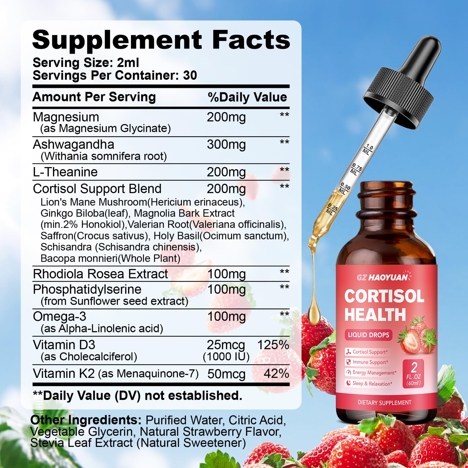 GZ HAOYUAN Cortisol Supplement Liquid Drops for Women and Men with Magnesium, Ashwagandha, L-theanine, Phosphatidylserine for Lower Cortisol, Calm, Mood, Sleep Support - 2 FL.OZ, Strawberry GZ HAOYUAN buy australia supplements