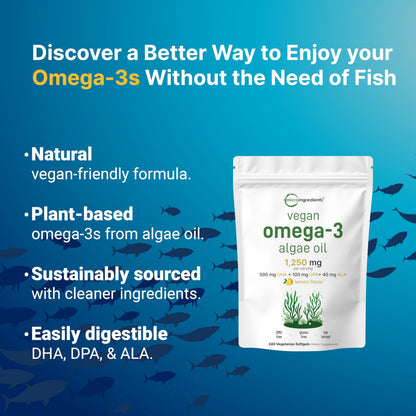 Micro Ingredients Vegan Omega 3 Algae Oil, 240 Veggie Softgels | Fish Oil Alternative | DHA 500mg & DPA 100mg | Carrageenan Free | Plant-Based Omega 3 Micro Ingredients