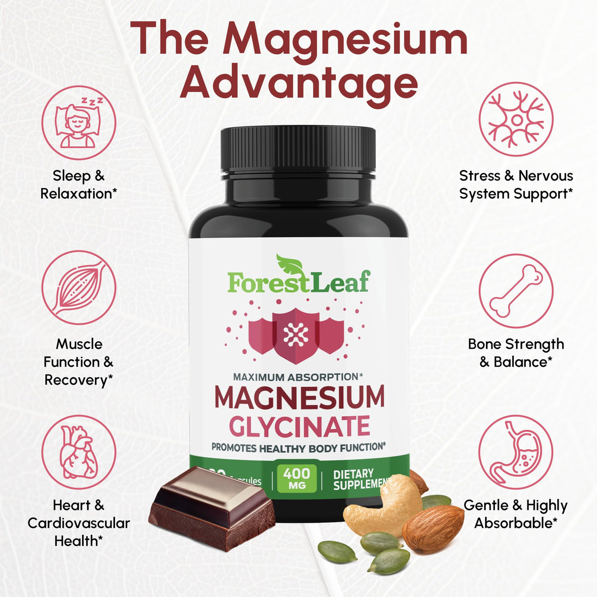 Pure Magnesium Glycinate 400mg Serving - High Absorption Magnesium Glycinate - Mag Bisglycinate for Stress, Bones, Muscles, Nerves, ForestLeaf