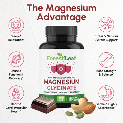 Pure Magnesium Glycinate 400mg Serving - High Absorption Magnesium Glycinate - Mag Bisglycinate for Stress, Bones, Muscles, Nerves, ForestLeaf