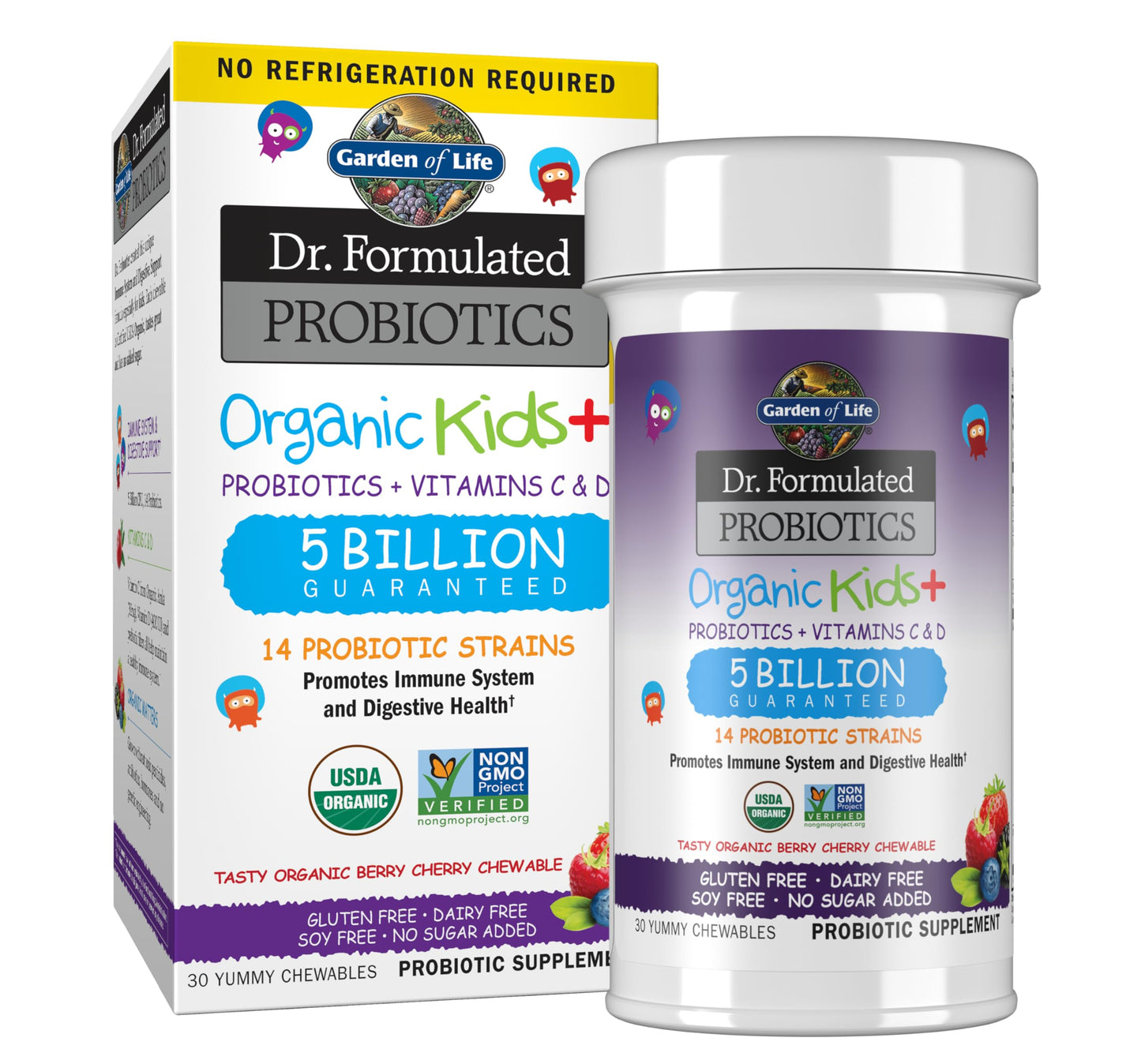 Garden of Life Dr. Formulated Probiotics Organic Kids+ plus Vitamin C & D - Berry Cherry - Gluten, Dairy & Soy Free Immune & Digestive Health Supplement Garden of Life