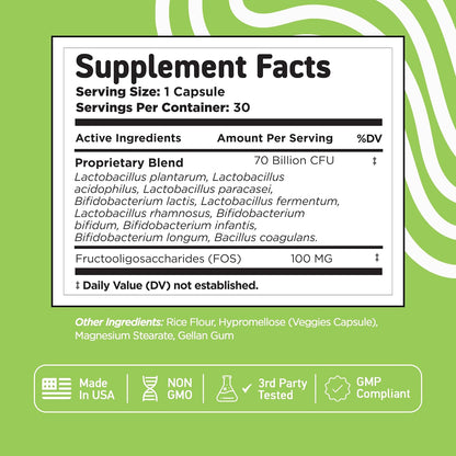 Vital Vitamins Probiotic Complex, 70 Billion CFU for Men & Women | 10-Probiotic Strain Blend with Prebiotic FOS, Supports Digestion & Immunity, Shelf-Stable, 30 Capsules Gsupps Australia