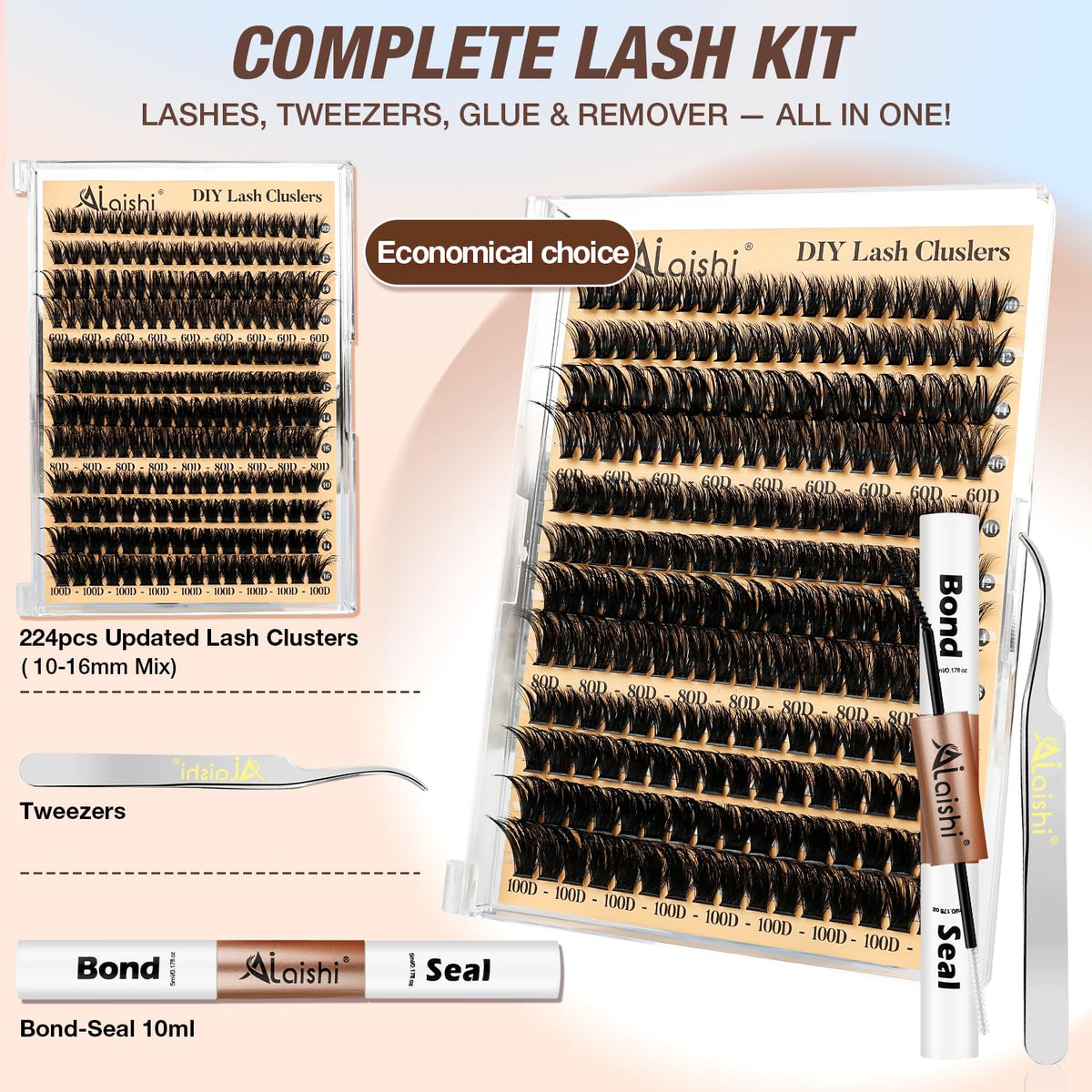 AILAISHI Lash Clusters Kit, DIY Cluster Eyelash Extensions 9‑16mm, 60D+80D+100D, 224pcs Fluffy D Curl Natural Lashes with Bond & Seal,Tweezers,Brush,Fake Cat Eye Individual Clusters AILAISHI