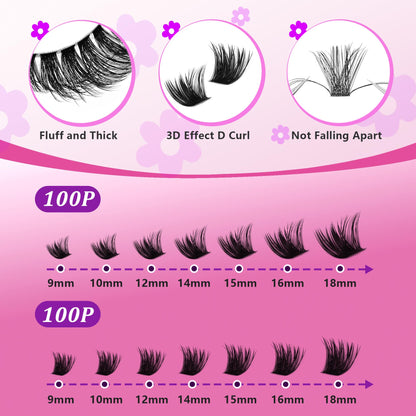 C Curl Lash Clusters Extensions 280 Pcs Individual Eye lash Clusters 100D Cluster Eyelash Lashes Wispy Clusters Lashes Makeup at Home - DIY Lash Extension Kit for Self Application (9-18MM) Mix Himirell