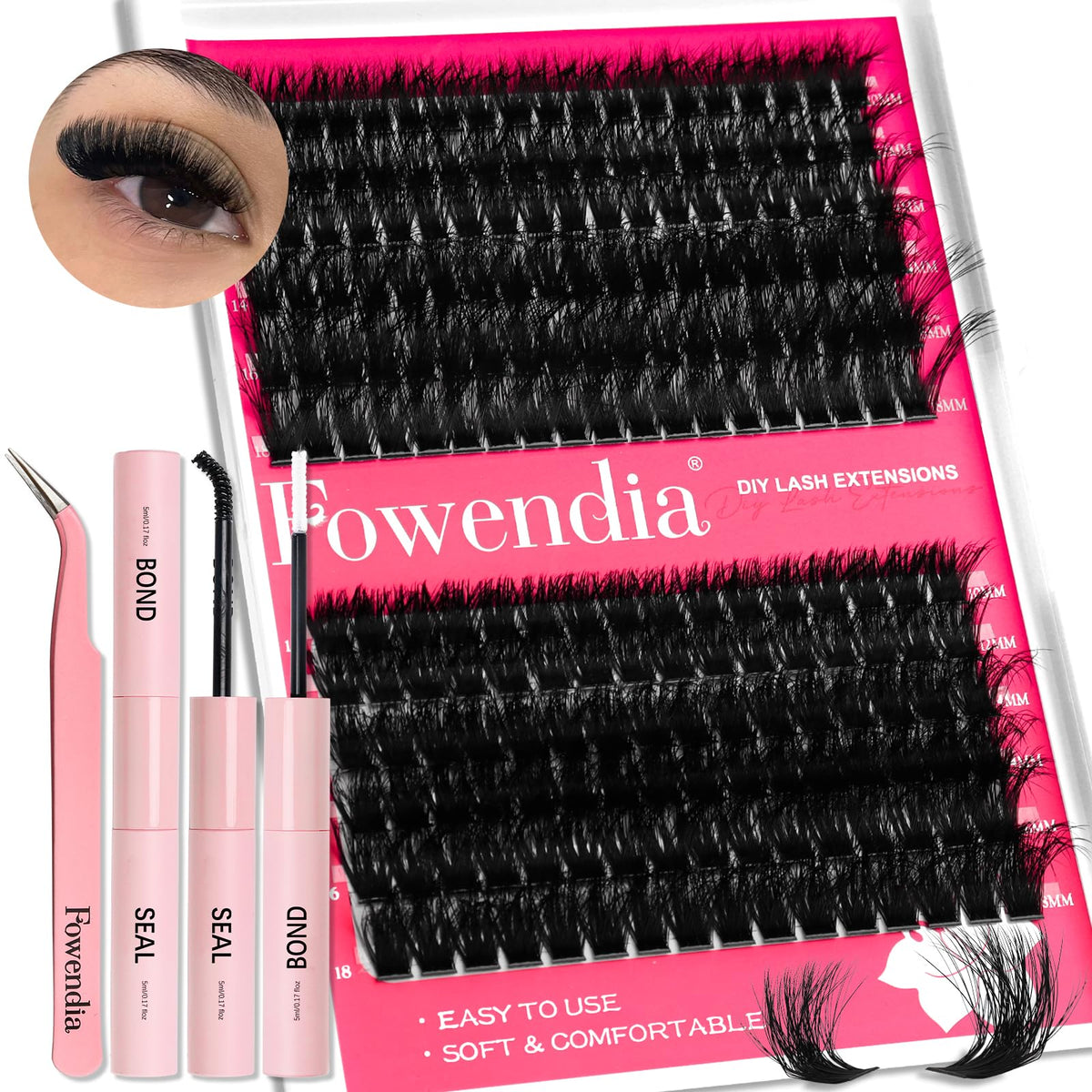 Fowendia Lash Clusters Kit Fluff 80D 100D Individual Lashes D-Curly Cluster Eyelash Extensions 10-18mm DIY Lash Extension Kit Lash Bond and Seal Waterproof, Lash Applicator, Thick False Eyelashes Kit Fowendia