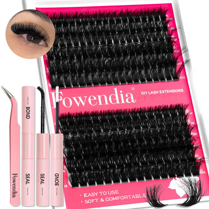 Fowendia Lash Clusters Kit Fluff 80D 100D Individual Lashes D-Curly Cluster Eyelash Extensions 10-18mm DIY Lash Extension Kit Lash Bond and Seal Waterproof, Lash Applicator, Thick False Eyelashes Kit Fowendia