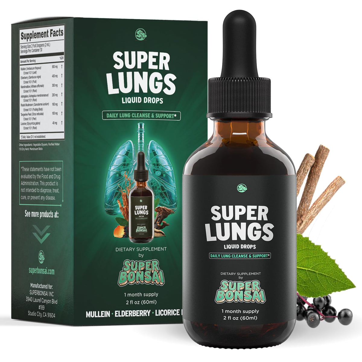 SuperBonsai Super Lungs Mullein Drops – Herbal Lung Support Tincture with Mullein Leaf Extract Elderberry Reishi Marshmallow Root SuperBonsai