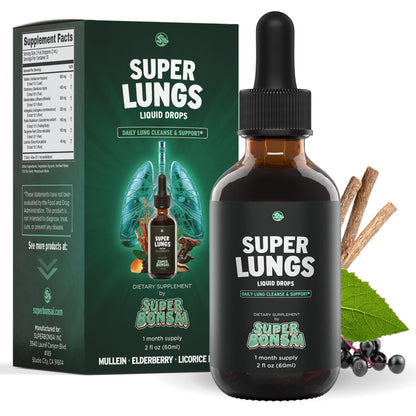 SuperBonsai Super Lungs Mullein Drops – Herbal Lung Support Tincture with Mullein Leaf Extract Elderberry Reishi Marshmallow Root SuperBonsai