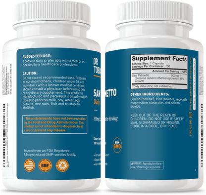 Dr. Tobias Saw Palmetto Supplement, Supports Urinary Health, Hormonal Balance, Prostate Health, & Hair Vitality, Saw Palmetto for Men & Women, 500mg Per Serving - 100 Capsules, 100 Servings