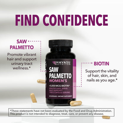 Saw Palmetto for Women with Bitoin 5000mcg Per Serving, 30-Day Supply | Vegan, Non-GMO DHT Blocker for Women for Hair, Skin and Nails, Saw Palmetto Extract with Biotin for Thicker Looking Hair Gsupps Australia