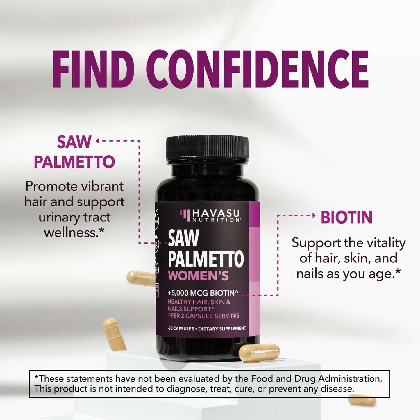 Saw Palmetto for Women with Biotin 5000mcg - Powerful DHT Blocker to Support Hair, Skin, and Nail Health - 60 Count - Vegan, Non-GMO Vitamin for Stronger, HAVASU NUTRITION