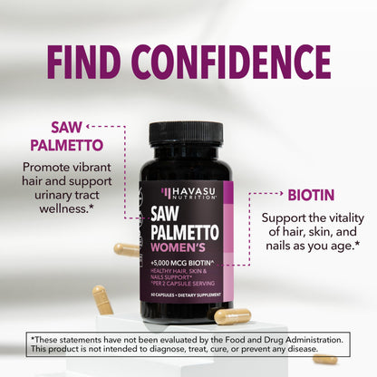 Saw Palmetto for Women with Biotin 5000mcg - Powerful DHT Blocker to Support Hair, Skin, and Nail Health - 60 Count - Vegan, Non-GMO Vitamin for Stronger, HAVASU NUTRITION