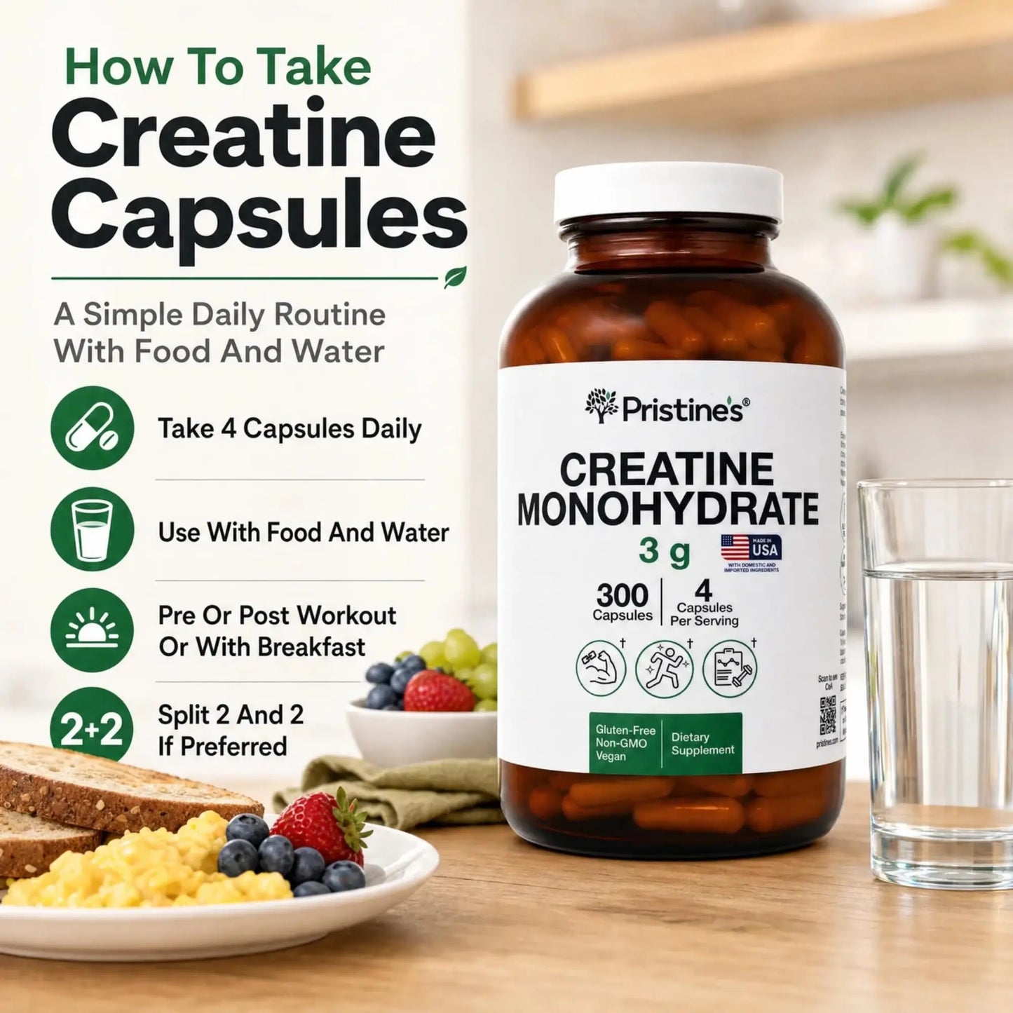 PRISTINE'S Creatine Monohydrate Capsules for Women & Men - NSF Certified 75 Day Supply 3G Creatine Pills for Women - Cognitive & Athletic Performance Support PRISTINE'S