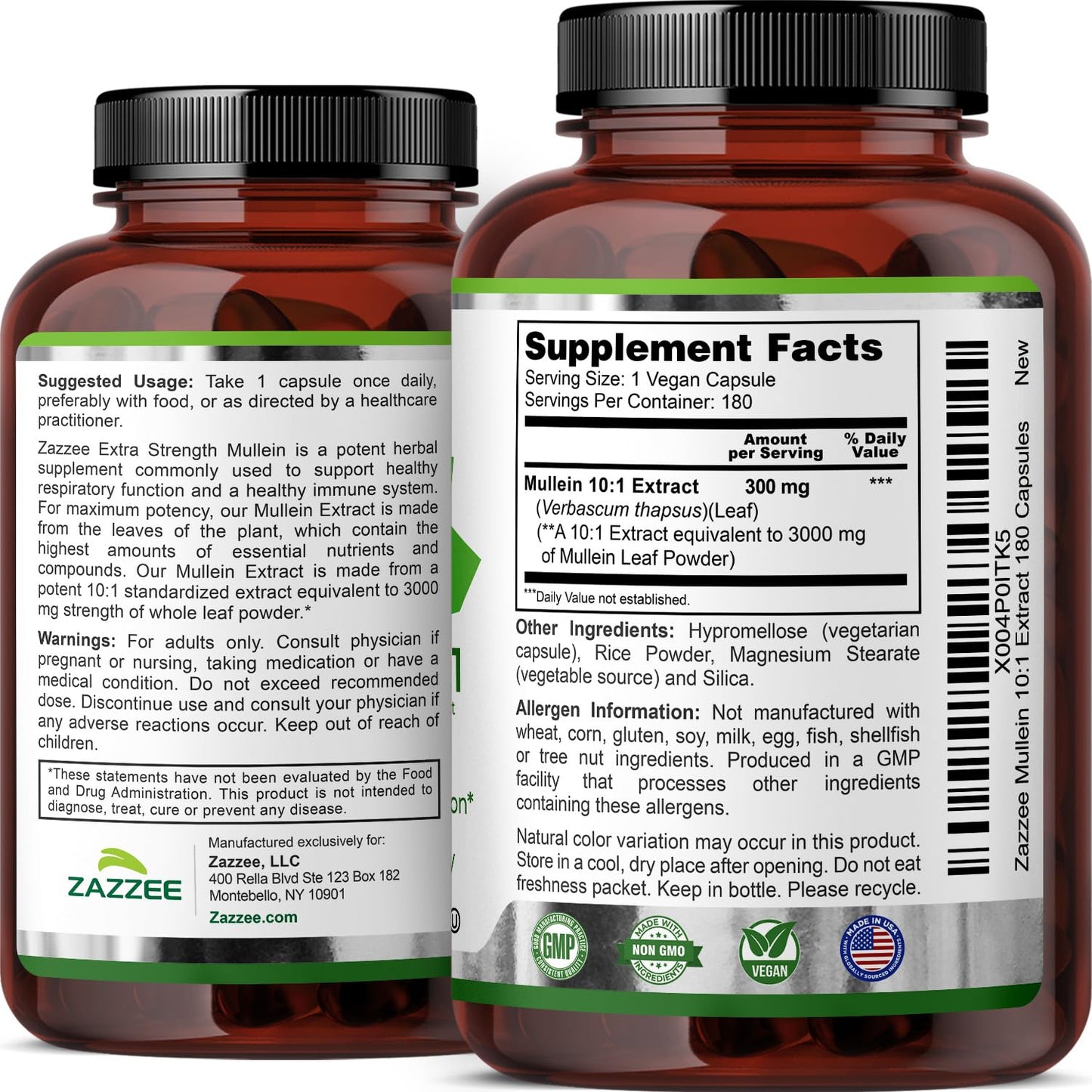 Zazzee Extra Strength Mullein Leaf 10:1 Extract, 120 Vegan Capsules | 4 Month Supply, Respiratory & Lung Support, Certified Kosher, 100% Pure Leaf Powder, Verbascum Thapsus, Non-GMO, Made in USA Gsupps Australia