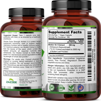 Zazzee Extra Strength Mullein Leaf 10:1 Extract, 120 Vegan Capsules | 4 Month Supply, Respiratory & Lung Support, Certified Kosher, 100% Pure Leaf Powder, Verbascum Thapsus, Non-GMO, Made in USA Gsupps Australia