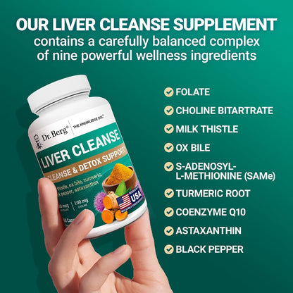 Dr. Berg Liver Cleanse Detox Capsules w/Unique Blend of Milk Thistle, Ox Bile & Folate - Liver Supplement Includes Turmeric, Black Pepper & Choline - 60 Capsules