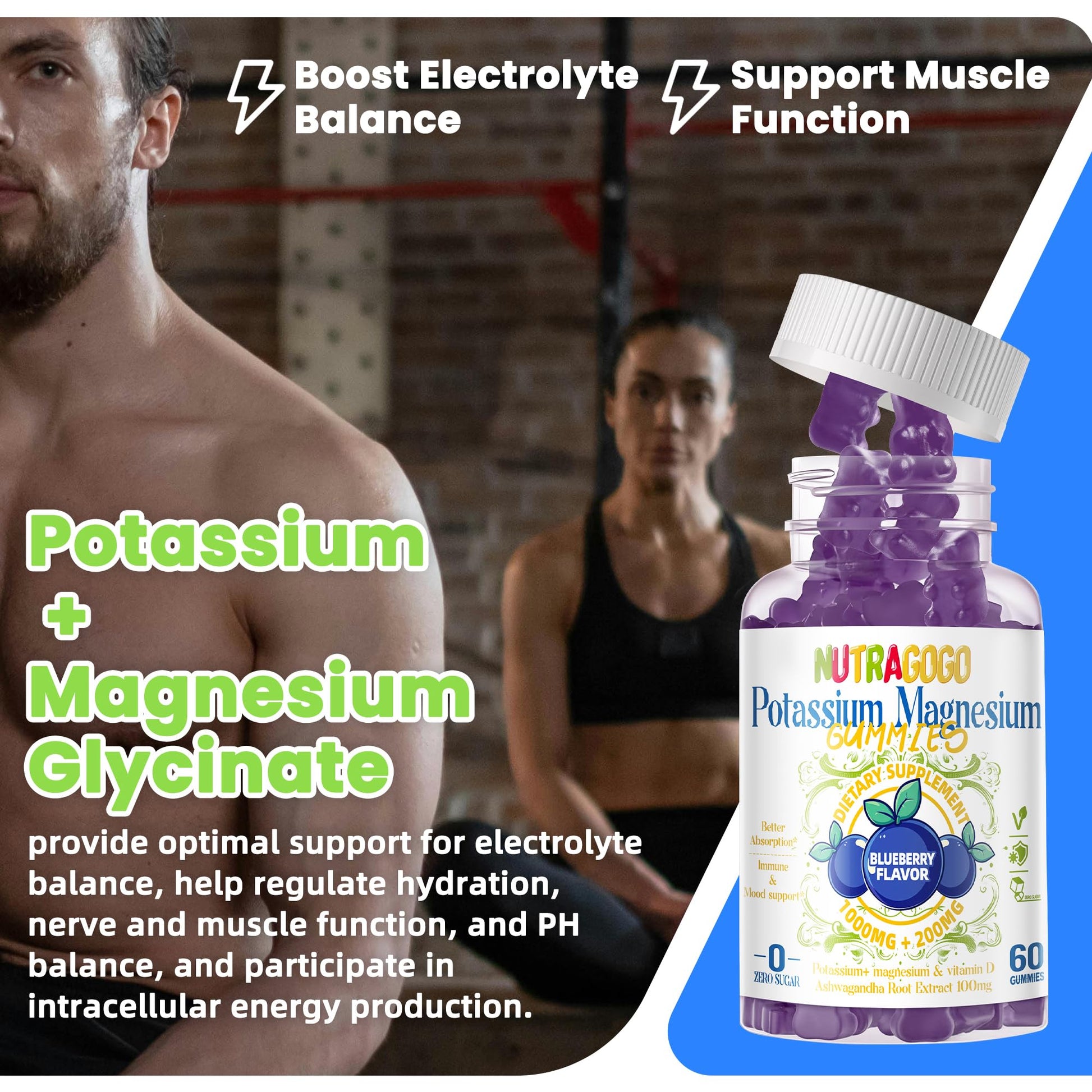 Potassium Magnesium Gummies,Potassium Supplement w/Ashwagandha,High Absorption Magnesium Glycinate,B6,D3,Potassium Citrate for Leg Cramps,Muscle,Electroyte for Adults Kids,Sugar-Free, 60 Gummies NUTRAGOGO buy australia supplements