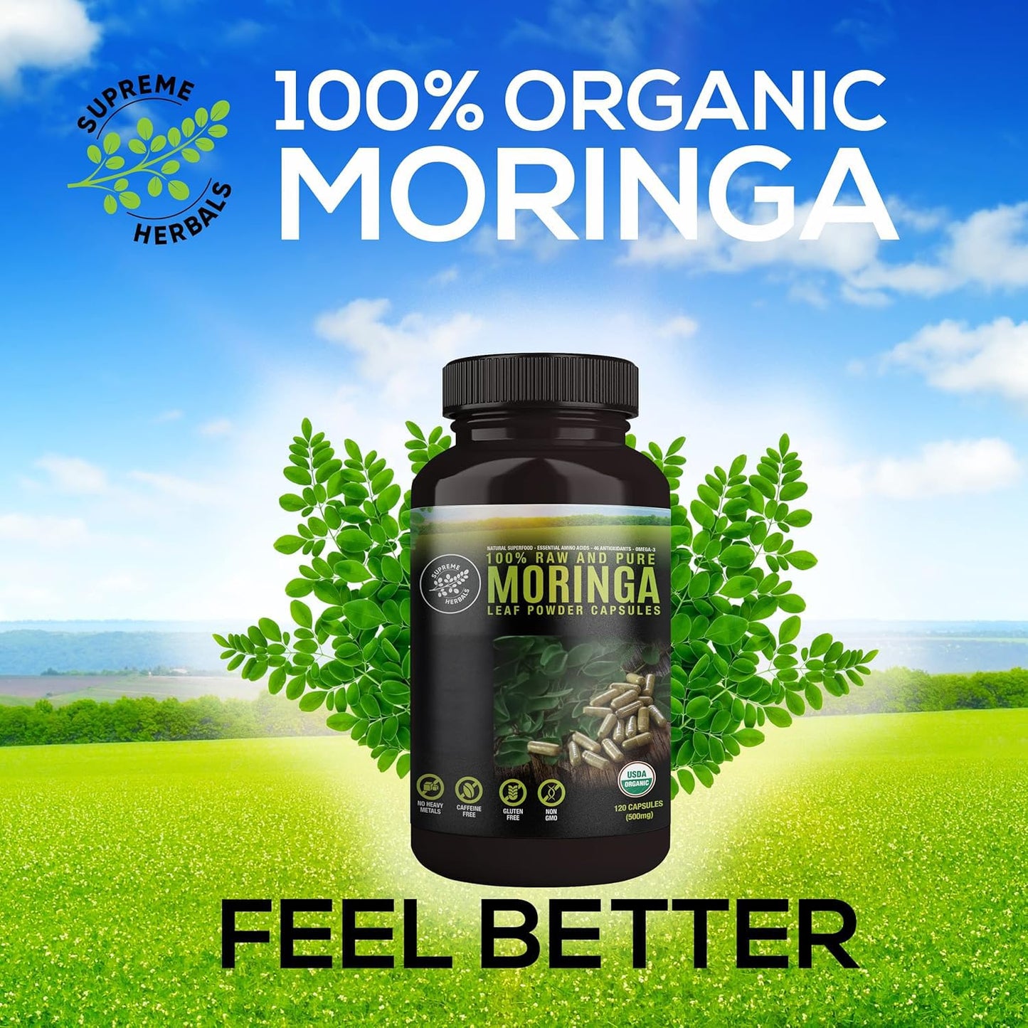 SUPREME HERBALS, 100% Raw and Pure Moringa Leaf Powder Capsules. Organic Certified Moringa Leaf. Natural Superfood with Essential Amino Acids SUPREME HERBALS