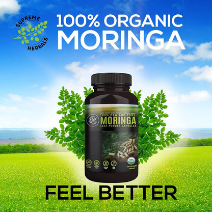 SUPREME HERBALS, 100% Raw and Pure Moringa Leaf Powder Capsules. Organic Certified Moringa Leaf. Natural Superfood with Essential Amino Acids SUPREME HERBALS